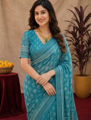 sky blue lilen print work 1 minute ready to wear saree with unstitched blouse piece 5