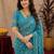 sky blue lilen print work 1 minute ready to wear saree with unstitched blouse piece