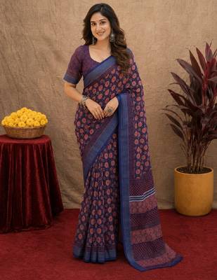 blue lilen print work 1 minute ready to wear saree with unstitched blouse piece 1