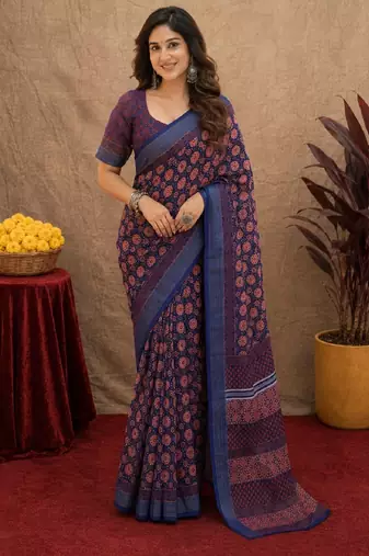 blue lilen print work 1 minute ready to wear saree with unstitched blouse piece