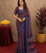 blue lilen print work 1 minute ready to wear saree with unstitched blouse piece