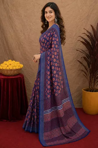 blue lilen print work 1 minute ready to wear saree with unstitched blouse piece