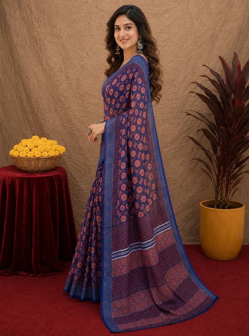 blue lilen print work 1 minute ready to wear saree with unstitched blouse piece