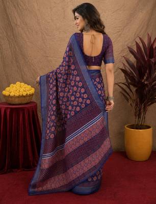 blue lilen print work 1 minute ready to wear saree with unstitched blouse piece 3