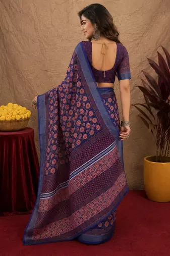 blue lilen print work 1 minute ready to wear saree with unstitched blouse piece