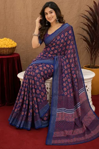 blue lilen print work 1 minute ready to wear saree with unstitched blouse piece