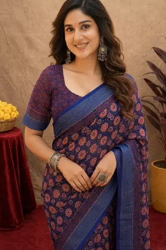 blue lilen print work 1 minute ready to wear saree with unstitched blouse piece