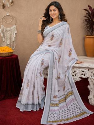 white lilen print work 1 minute ready to wear saree with unstitched blouse piece 1