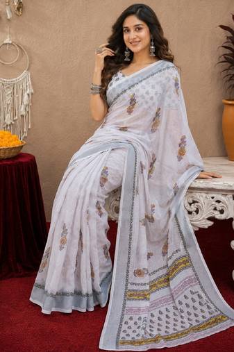 white lilen print work 1 minute ready to wear saree with unstitched blouse piece