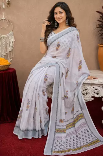 white lilen print work 1 minute ready to wear saree with unstitched blouse piece