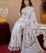 white lilen print work 1 minute ready to wear saree with unstitched blouse piece
