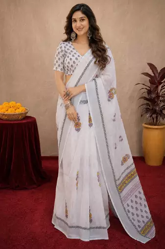 white lilen print work 1 minute ready to wear saree with unstitched blouse piece