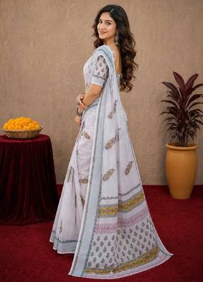 white lilen print work 1 minute ready to wear saree with unstitched blouse piece 3