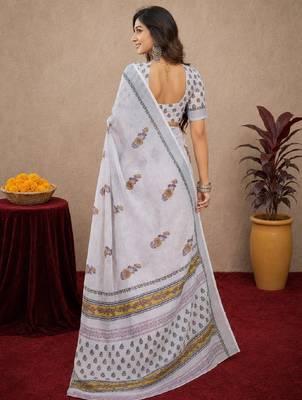 white lilen print work 1 minute ready to wear saree with unstitched blouse piece 4