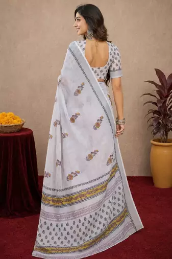 white lilen print work 1 minute ready to wear saree with unstitched blouse piece