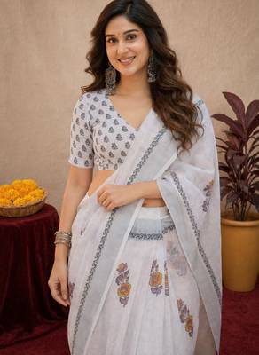 white lilen print work 1 minute ready to wear saree with unstitched blouse piece 5