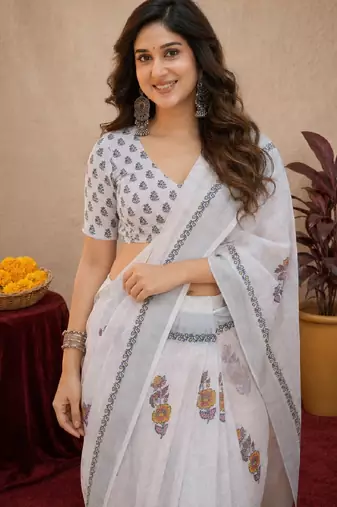 white lilen print work 1 minute ready to wear saree with unstitched blouse piece
