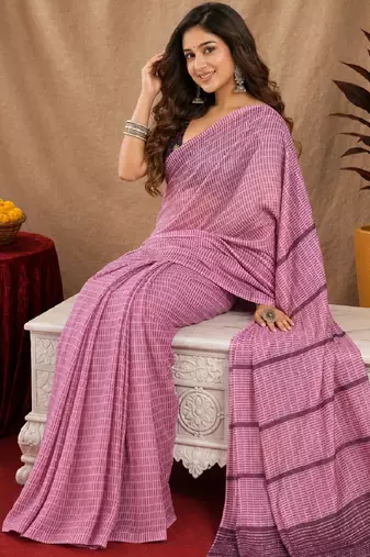 Dusty pink lilen print work 1 minute ready to wear saree with unstitched blouse piece