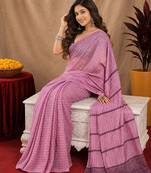 Dusty pink lilen print work 1 minute ready to wear saree with unstitched blouse piece