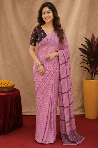 Dusty pink lilen print work 1 minute ready to wear saree with unstitched blouse piece