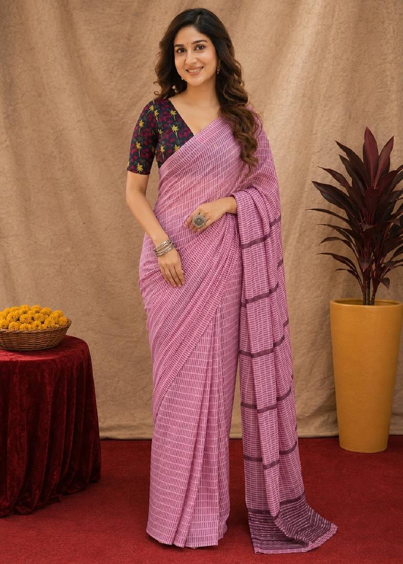 Dusty pink lilen print work 1 minute ready to wear saree with unstitched blouse piece