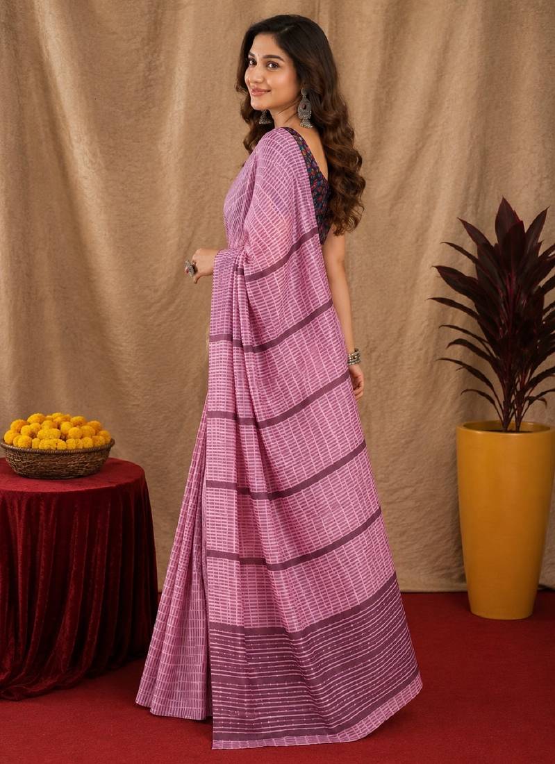 Dusty pink lilen print work 1 minute ready to wear saree with unstitched blouse piece