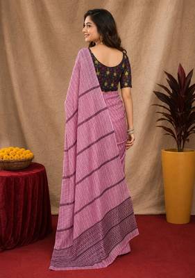 Dusty pink lilen print work 1 minute ready to wear saree with unstitched blouse piece 4