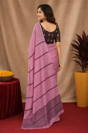 Dusty pink lilen print work 1 minute ready to wear saree with unstitched blouse piece