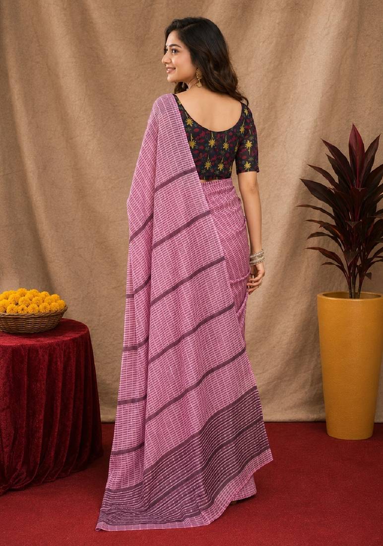 Dusty pink lilen print work 1 minute ready to wear saree with unstitched blouse piece