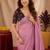 Dusty pink lilen print work 1 minute ready to wear saree with unstitched blouse piece