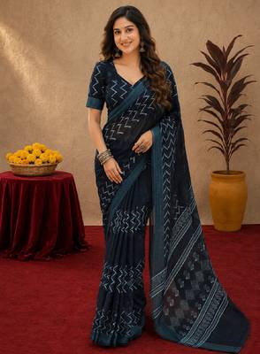 black lilen print work 1 minute ready to wear saree with unstitched blouse piece 1