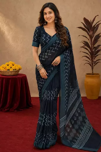 black lilen print work 1 minute ready to wear saree with unstitched blouse piece