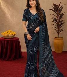 black lilen print work 1 minute ready to wear saree with unstitched blouse piece