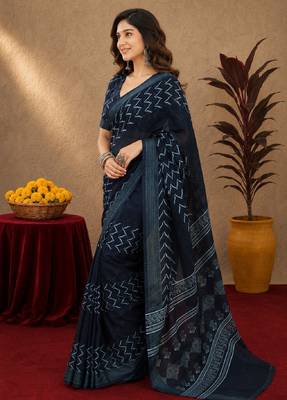 black lilen print work 1 minute ready to wear saree with unstitched blouse piece 2