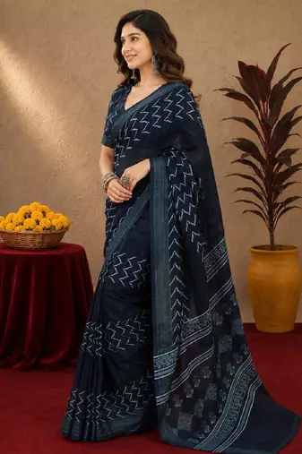 black lilen print work 1 minute ready to wear saree with unstitched blouse piece