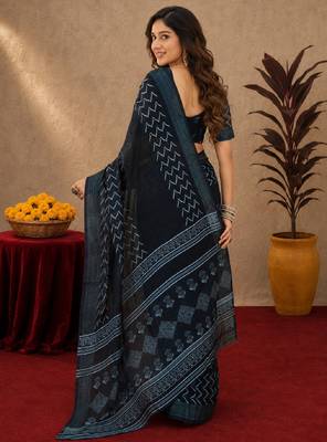black lilen print work 1 minute ready to wear saree with unstitched blouse piece 3