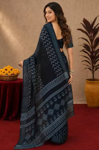 black lilen print work 1 minute ready to wear saree with unstitched blouse piece