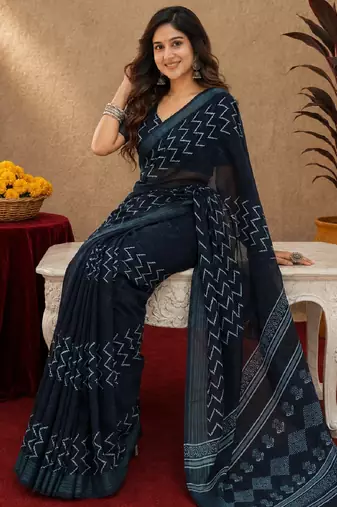 black lilen print work 1 minute ready to wear saree with unstitched blouse piece
