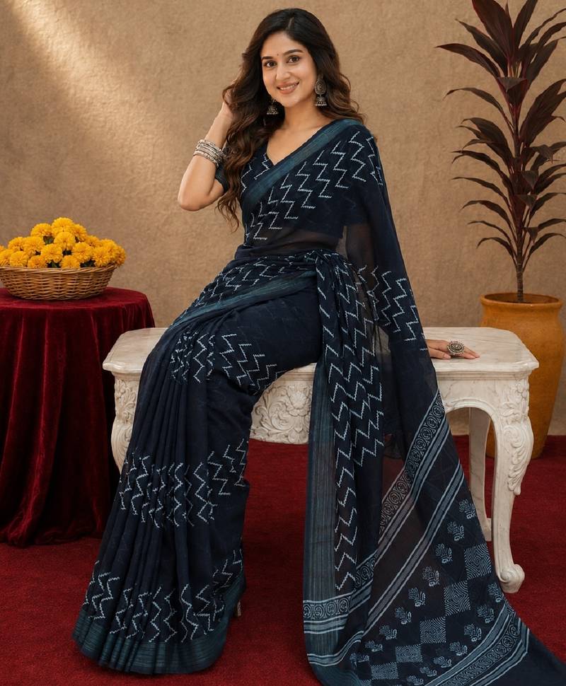 black lilen print work 1 minute ready to wear saree with unstitched blouse piece