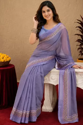 lavender lilen print work 1 minute ready to wear saree with unstitched blouse piece