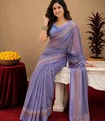 lavender lilen print work 1 minute ready to wear saree with unstitched blouse piece