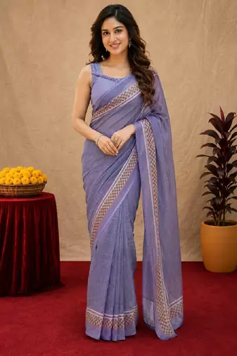 lavender lilen print work 1 minute ready to wear saree with unstitched blouse piece