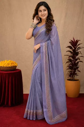lavender lilen print work 1 minute ready to wear saree with unstitched blouse piece