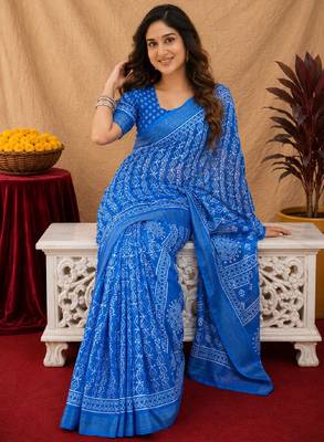 royal blue lilen print work 1 minute ready to wear saree with unstitched blouse piece 1