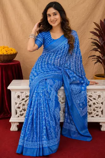 royal blue lilen print work 1 minute ready to wear saree with unstitched blouse piece