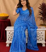 royal blue lilen print work 1 minute ready to wear saree with unstitched blouse piece