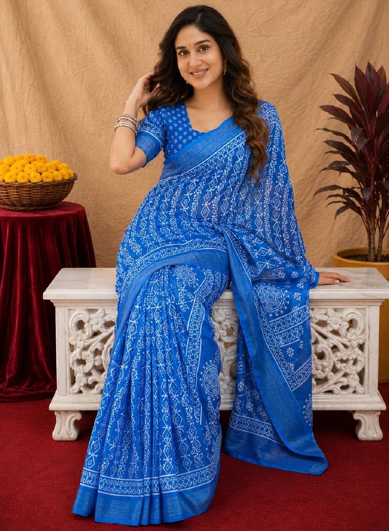 royal blue lilen print work 1 minute ready to wear saree with unstitched blouse piece