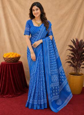 royal blue lilen print work 1 minute ready to wear saree with unstitched blouse piece 2