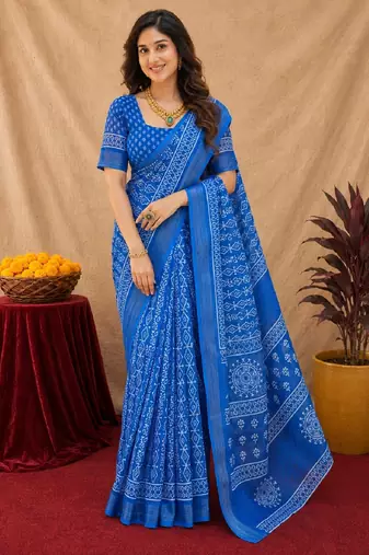 royal blue lilen print work 1 minute ready to wear saree with unstitched blouse piece