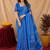 royal blue lilen print work 1 minute ready to wear saree with unstitched blouse piece
